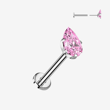 Implant Grade Titanium OneFit Threadless Teardrop Gem Sparkle Top Flat Back Labret-Pink